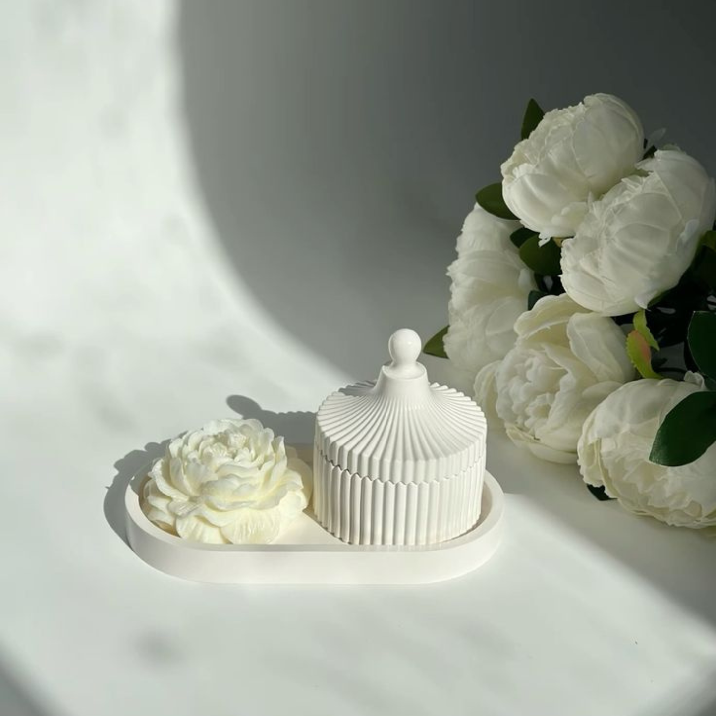 Elegant White Floral with Ribbed Jar & Tray